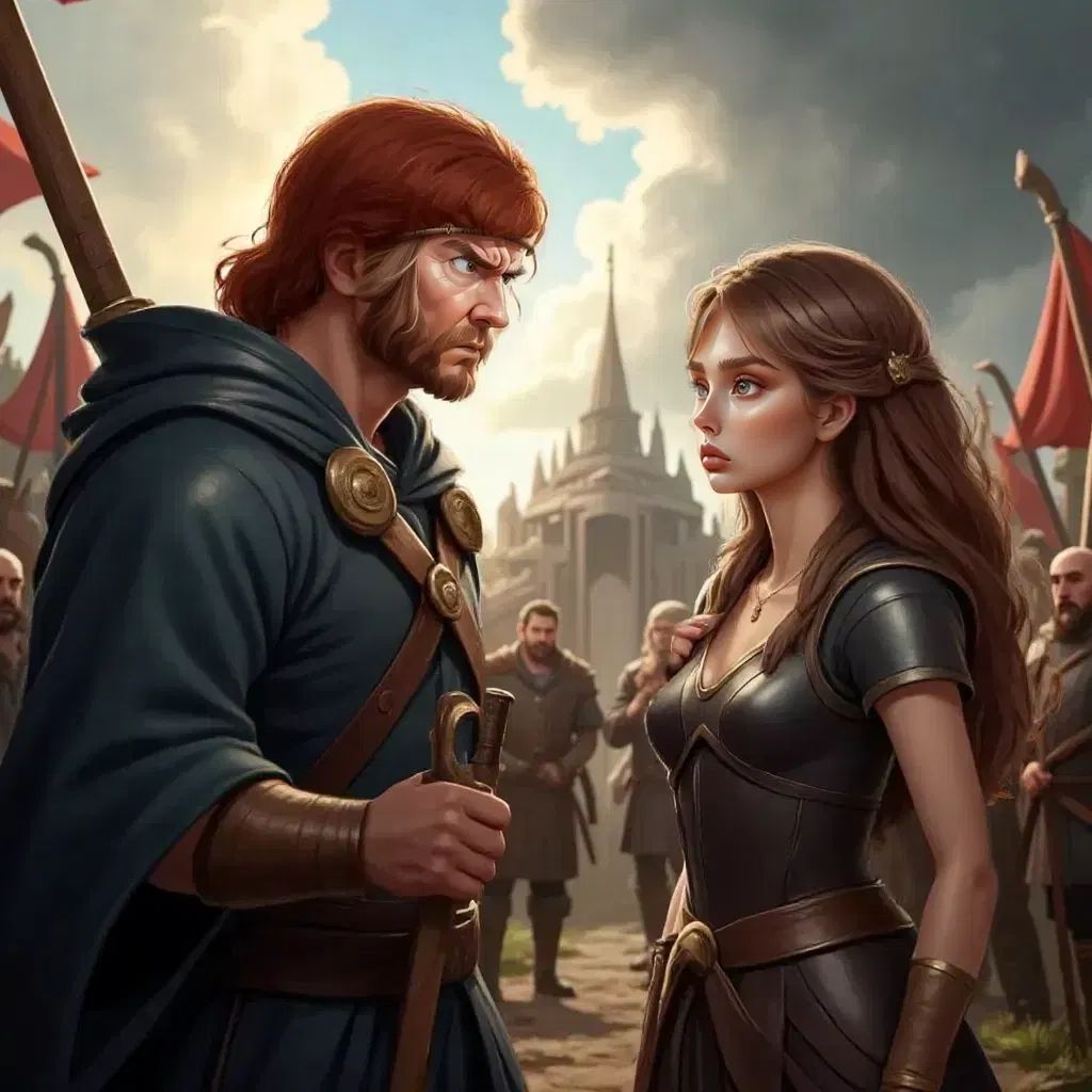 Viking with fiery red hair cutting off Osyth's head