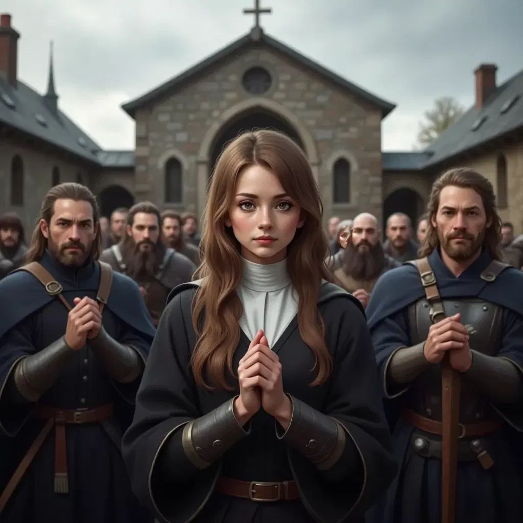 Osyth standing firm among the Vikings, praying silently, a nunnery in the background