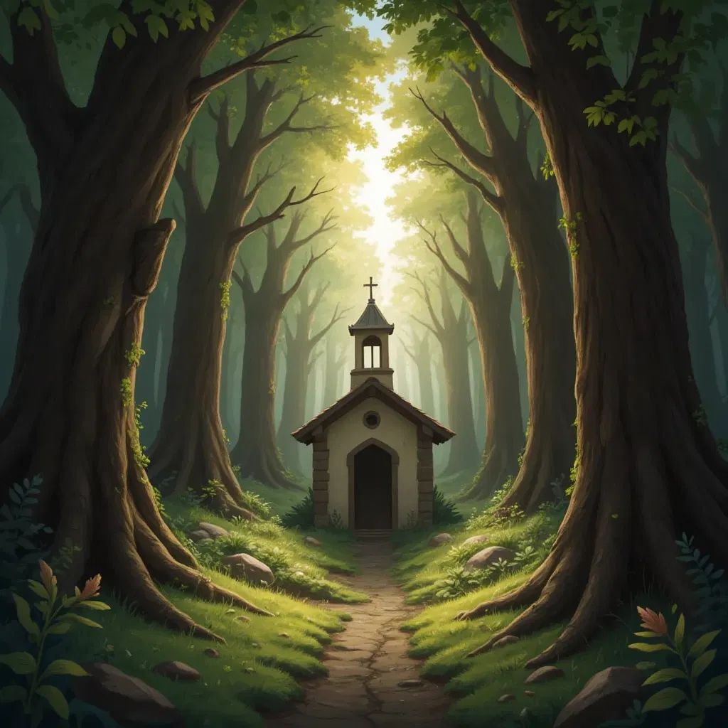 a distant chapel visible, in the woods