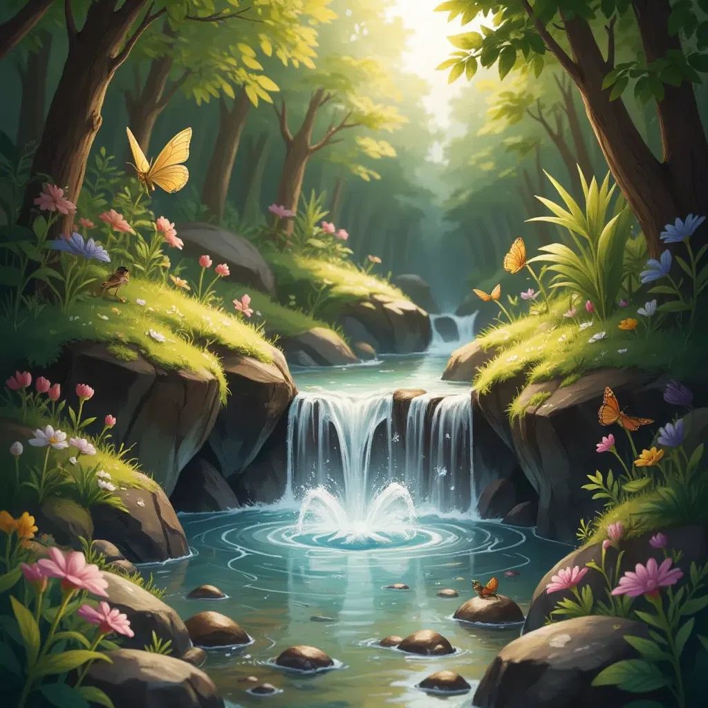 A spring of clear water bubbling up, sparkling in sunlight like diamonds, a sense of healing