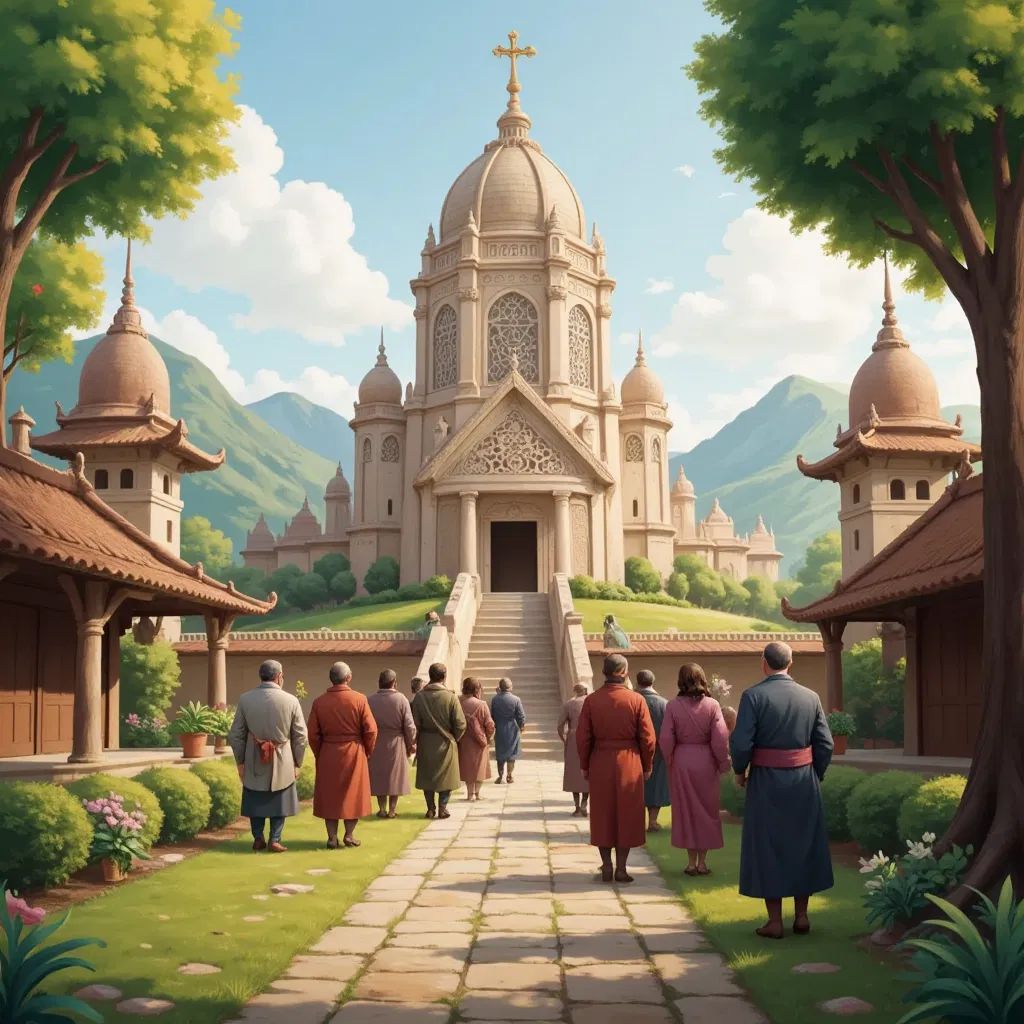 A beautiful monastery with pilgrims visiting, a sense of reverence and inspiration