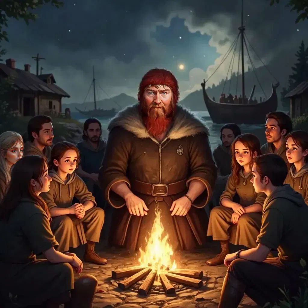 The red-haired Viking telling the story of Osyth, a thoughtful expression on his face