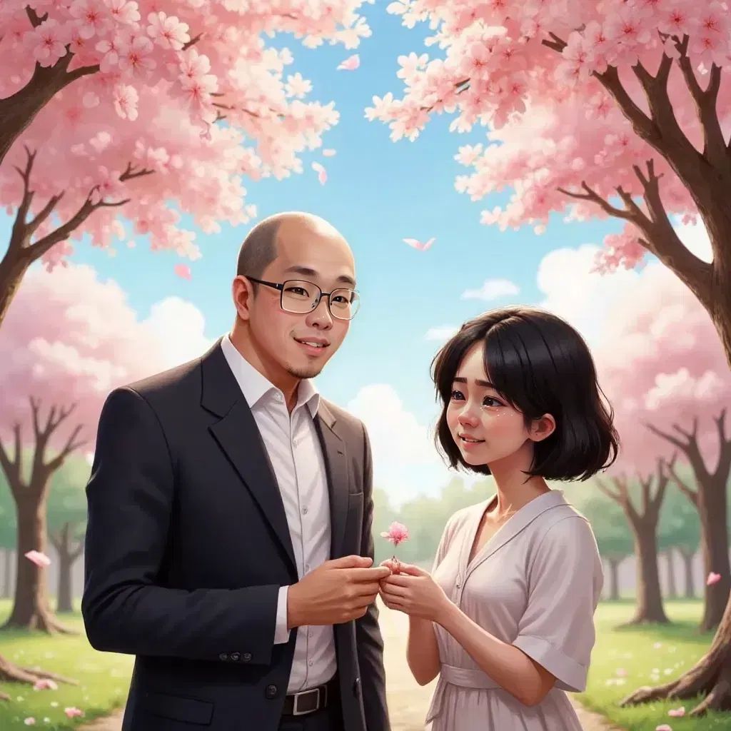 Bremen and Easter standing beneath cherry blossoms, Bremen holding a ring, Easter with joyful tears