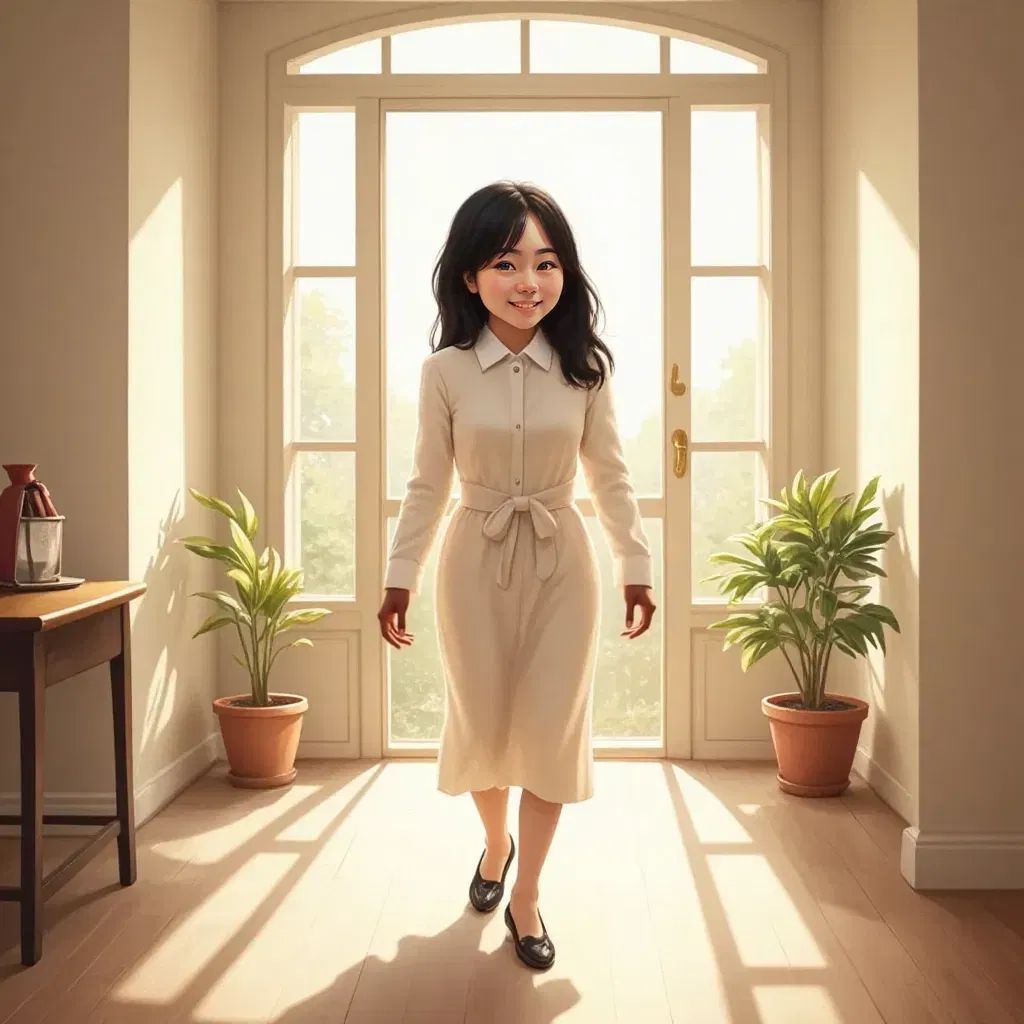 Easter walking through a sunlit room, her smile brightening the space