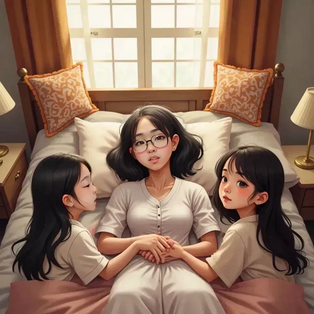 Easter lying in a bed, surrounded by Bremen, Geneva, and Venezia, all holding hands with serene expressions