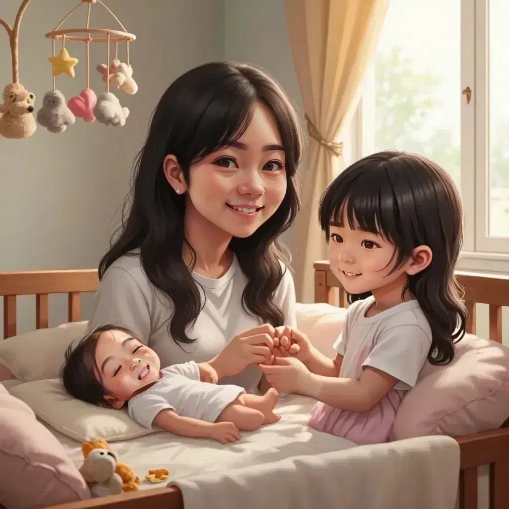Geneva holding Easter's hand, both looking lovingly at baby Venezia in a cozy nursery