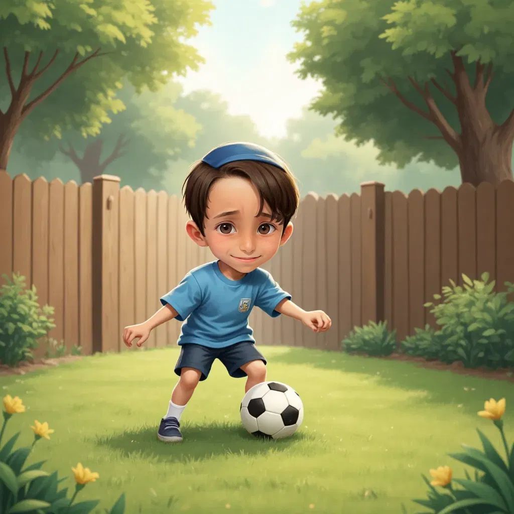 Odecha kicking a soccer ball in his backyard, with a look of nervousness on his face. A small garden with a wooden fence in the background.