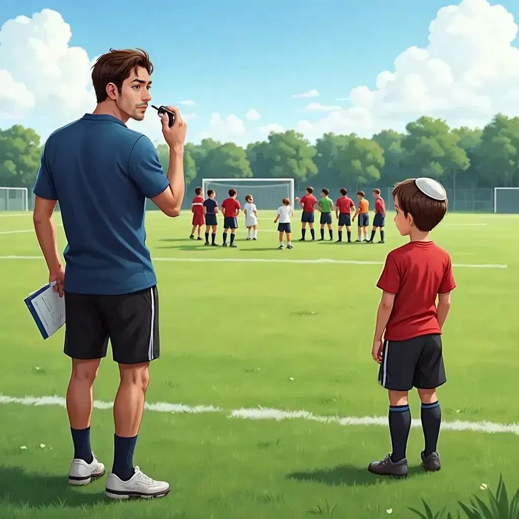 Coach Marco, a tall man with short dark hair, blowing a whistle on a soccer field. Odecha standing beside a boy, both looking at arguing teammates.