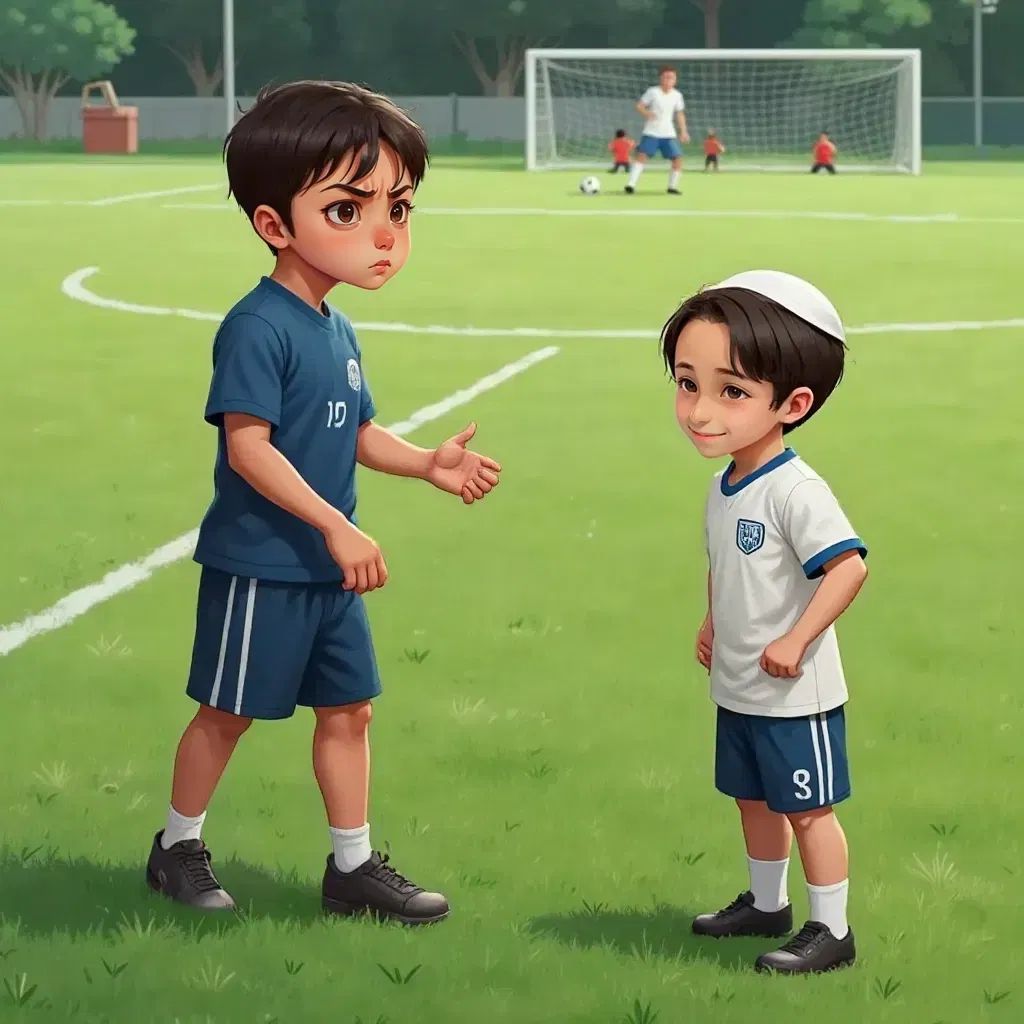Leo, a boy with short blond hair, angrily shouting at another player on a soccer field. Odecha watching quietly in the background.