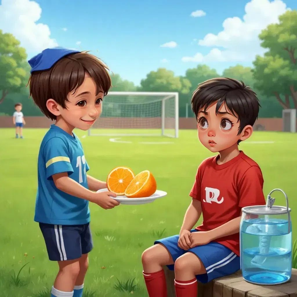 Odecha offering orange slices to a surprised Leo sitting alone on the soccer field, with a water cooler nearby.