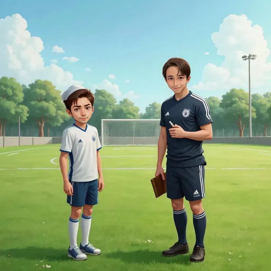 Coach Marco, standing with Odecha on the soccer field, talking with a thoughtful expression. A soccer goal in the background.