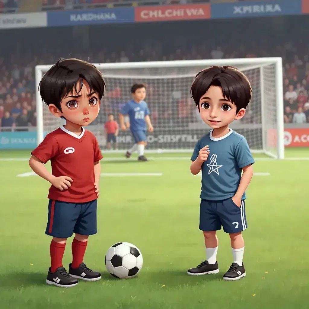 Leo frustrated on a soccer field after missing a goal, while Odecha demonstrates a calming breathing technique nearby.