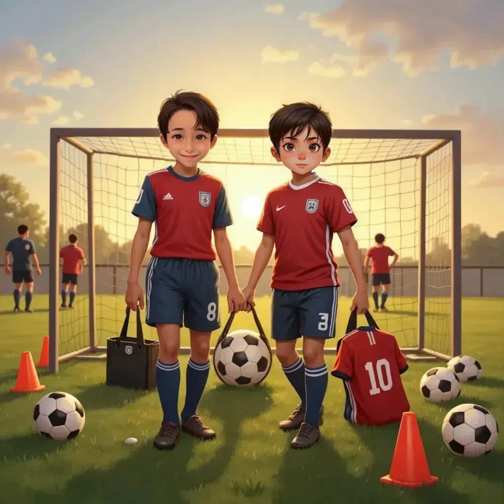 Odecha and Leo packing up soccer gear with smiles, a sense of achievement in the air.
