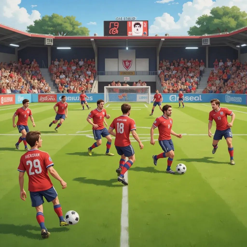 The Lions team playing a soccer game with determination and teamwork, players encouraging each other on the field.