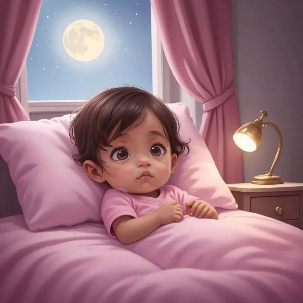 Sarah is now peacefully sleeping tucked in her pink bed. Her cute button nose and glowy gair skin and very short hair look super cute Her eyes are closed and she is lying down. Light is closed