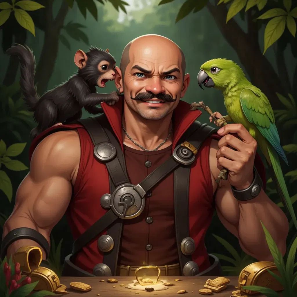 Angry bald evil treasure hunter guy thorn who is wearing his white shirt uniform, black pants is now scared because he is being attacker by the animals. The black cat is screeching over his shoulder, monkey is biting thorn's ear off and green parrot is bickering his bald head with his beak. They are all angry and mad at thorn. He is getting defeated now. He is giving up. Thorn has black hair big moustache and he is 45 year old. The cat, parrot and monkey are much smaller as compared to thorn, yet he is beinh defeated by them