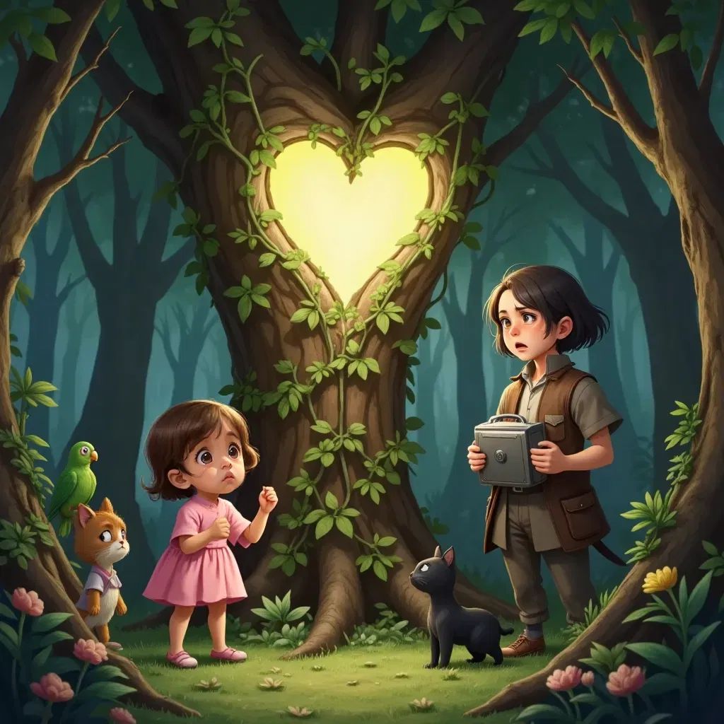 sarah and her friends are standing next to a huge green tree which is surrounded by thick choking wines. this tree has a "heart" and whimsical shiny aura. But suddenly the evil human treasure hunter who's name is thorn, arrives who is a bald and scary evil man holding a big and strange metal device. He is wearing a strange uniform. Thorn is tall and has a thick moustache, he is a 45 year old man who has an angry and evil expression on his face. He is ready to steal the tree's magic. His metal device is sucking the tree heart's magic. sarah, the green parrot, the black cat are all scared, worried for the tree and mad at thorn the treasure hunter. they are all facing towards the tree scared. They are angey at thorn Thorn is looking at the tree with evil anger