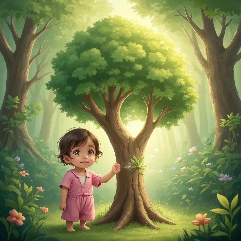 now sarah is putting her hand on the magic viny big green tree's heart to heal it. magical shining whimsical smoke and light appears around the tree in the forest. the tree starts to heal