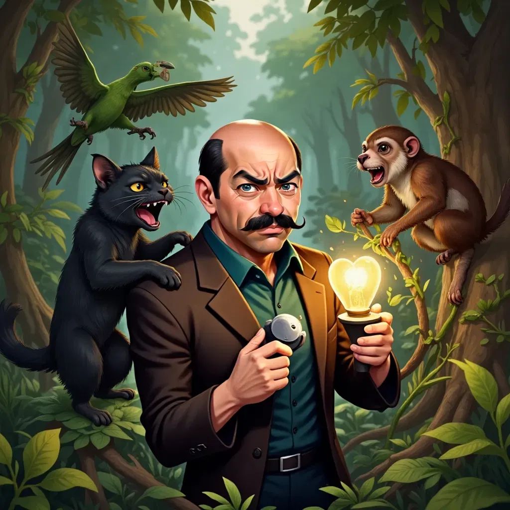 the same big green magic vine tree with heart is in the background, thorn, the bald evil scary treasure hunter is now being attacked by the hero animals: black cat is screeching thorn's face while green parrot is flying above his head while brown monkey is snatching the strange metal device from thorns hand while pangolin is trying to cut the tree vines to save the tree's heart. thorn is now scared and confused because he is losing