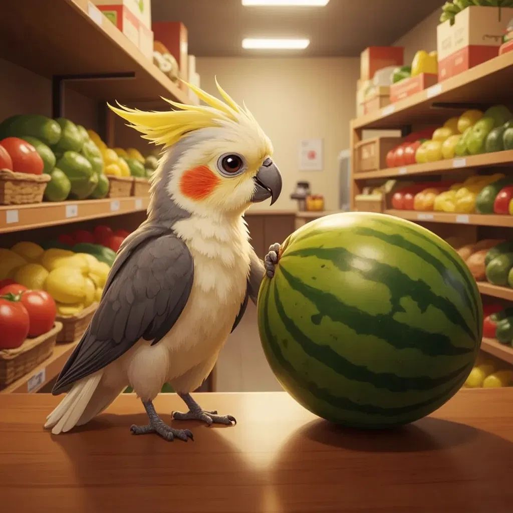 A fluffy cockatiel with big eyes, standing on a store counter, looking at a watermelon