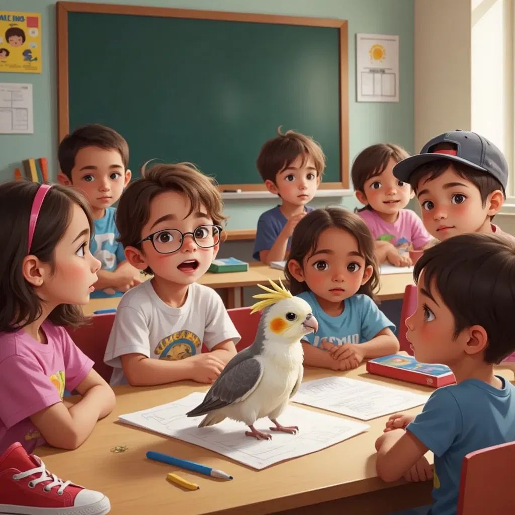 A cockatiel drawing with its beak in a classroom, children watching in amazement