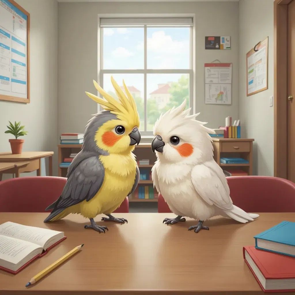 A cockatiel and a pet cockatiel named Burb Girl sitting together on a school desk, sharing secrets