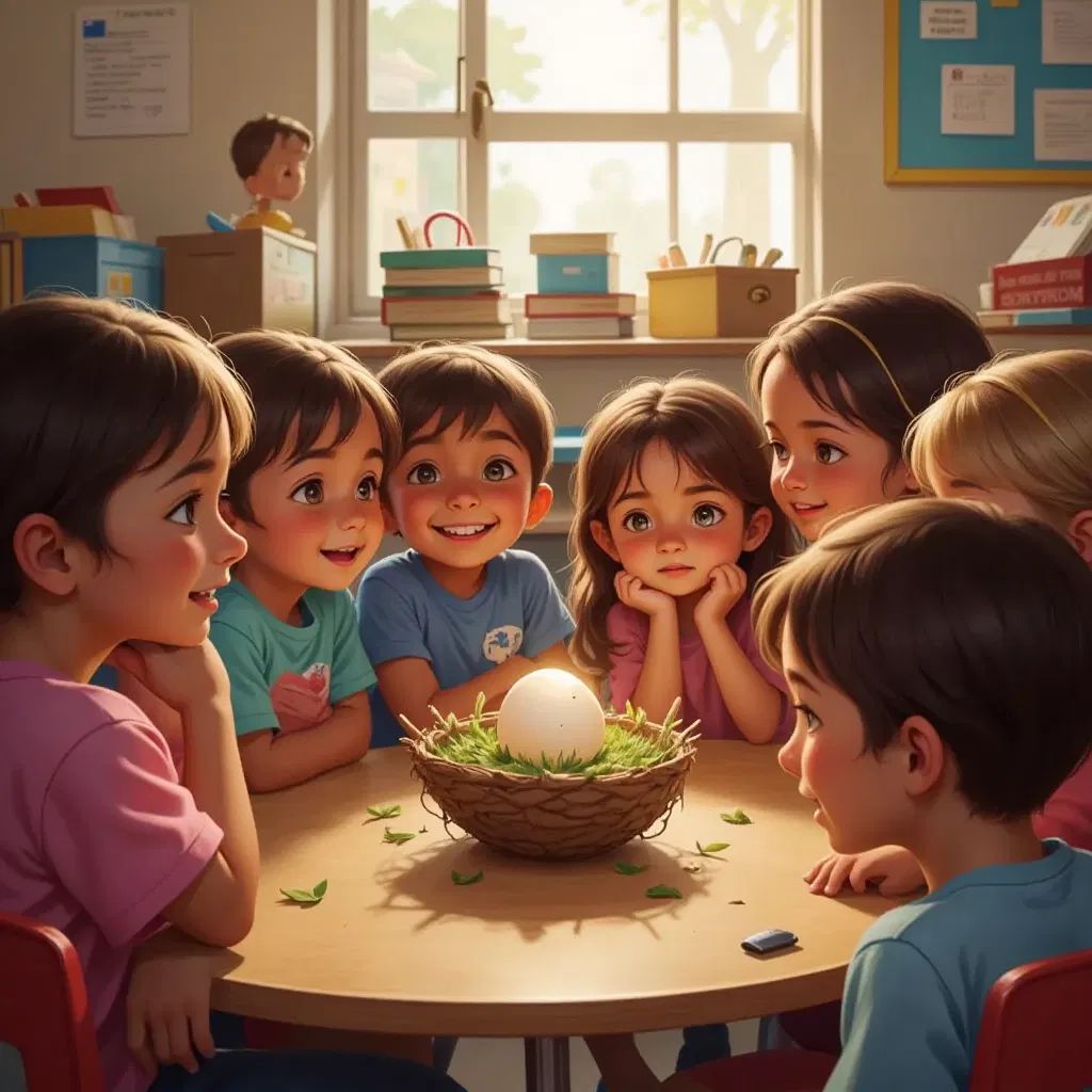 A tiny egg in a classroom nest starting to crack, students watching eagerly