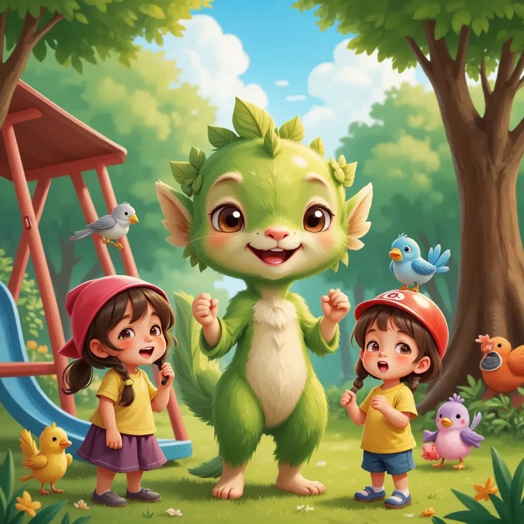 A friendly forest spirit visiting a school playground, surrounded by happy children and birds