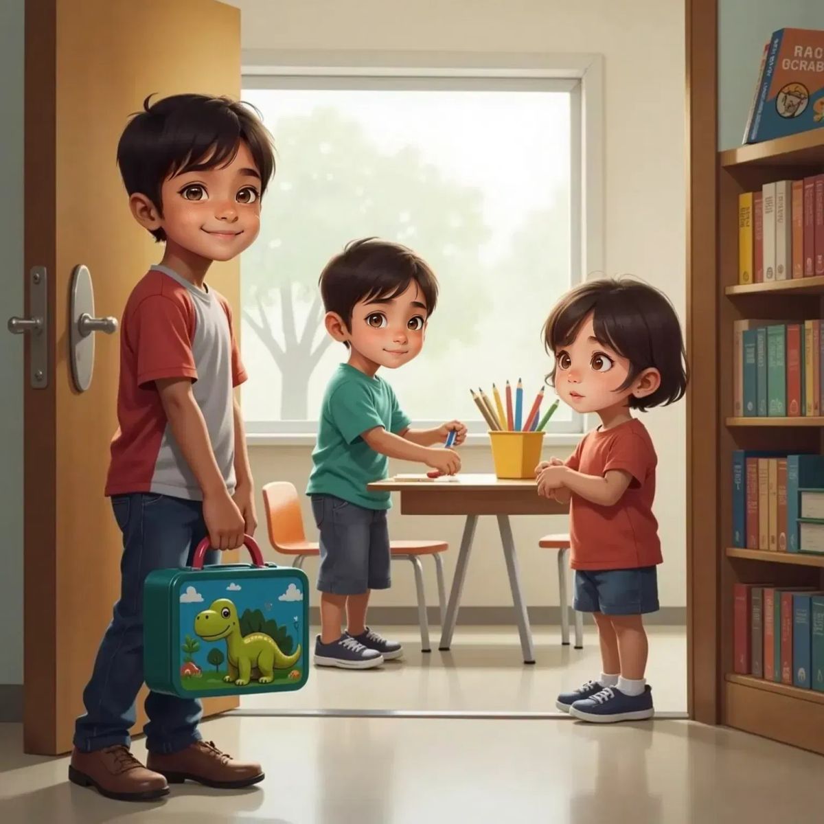 Leo holding a dinosaur lunchbox, standing at the entrance of a classroom. Arjun arranging colorful pencils at a table, and Mia standing by a bookshelf with wide eyes.