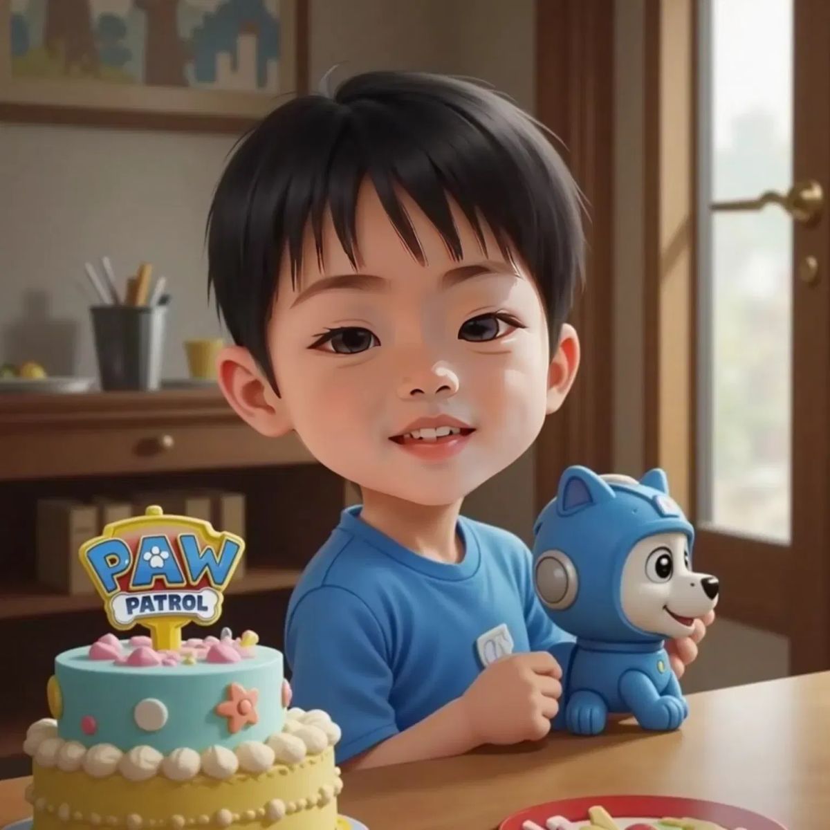 Smiling Collin with a new blue Chase toy, a Paw Patrol cake in the background
