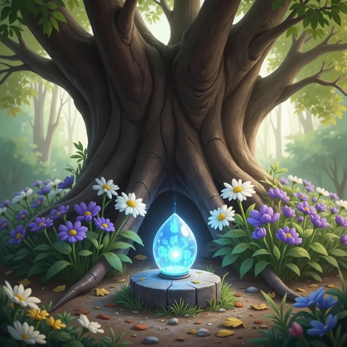 A small glowing stone beneath an old oak tree, pulsing with soft blue light, surrounded by slightly turned flowers