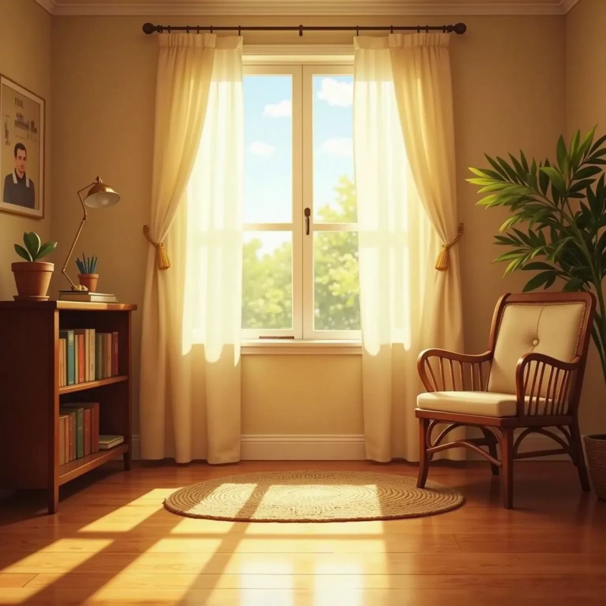 Golden sunlight patterns on the floor, a gentle breeze moving the curtains