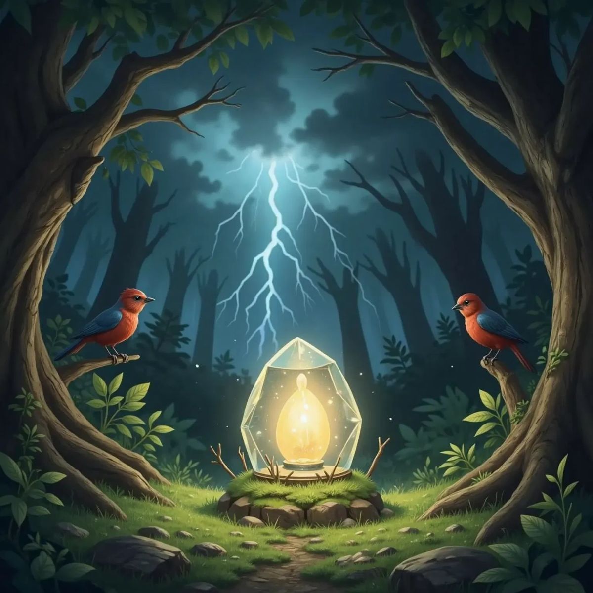 A glowing stone on the ground with darkening clouds overhead, birds perched on nearby branches