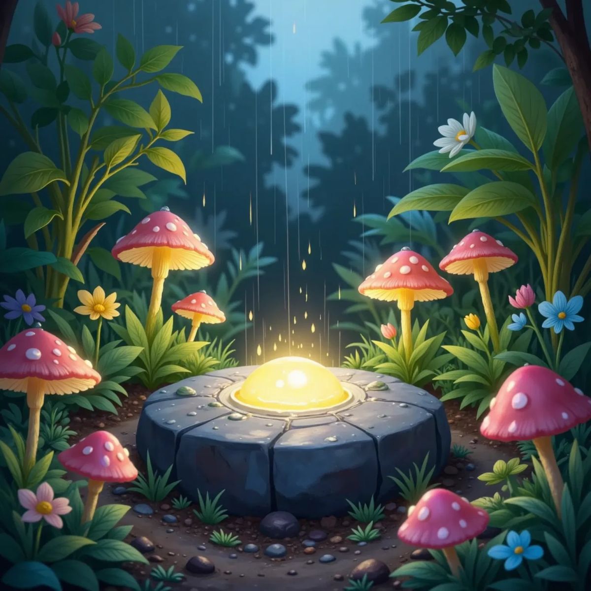 Luminescent plants sprouting around a glowing stone in the rain, garden appearing content