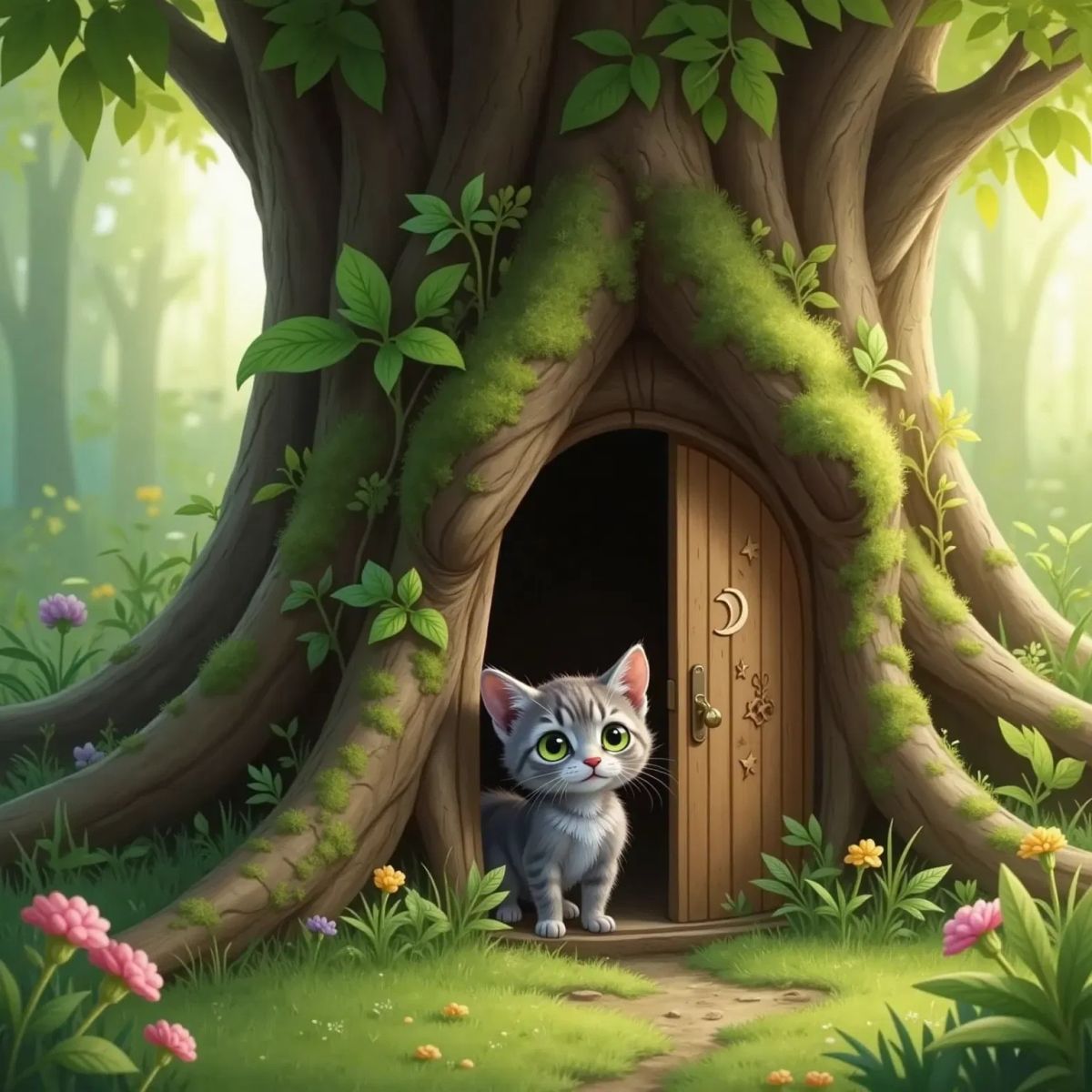 Moci, a small gray kitten with bright green eyes, peeking through a tiny wooden door carved with stars and moons on an old mossy tree at the forest edge.