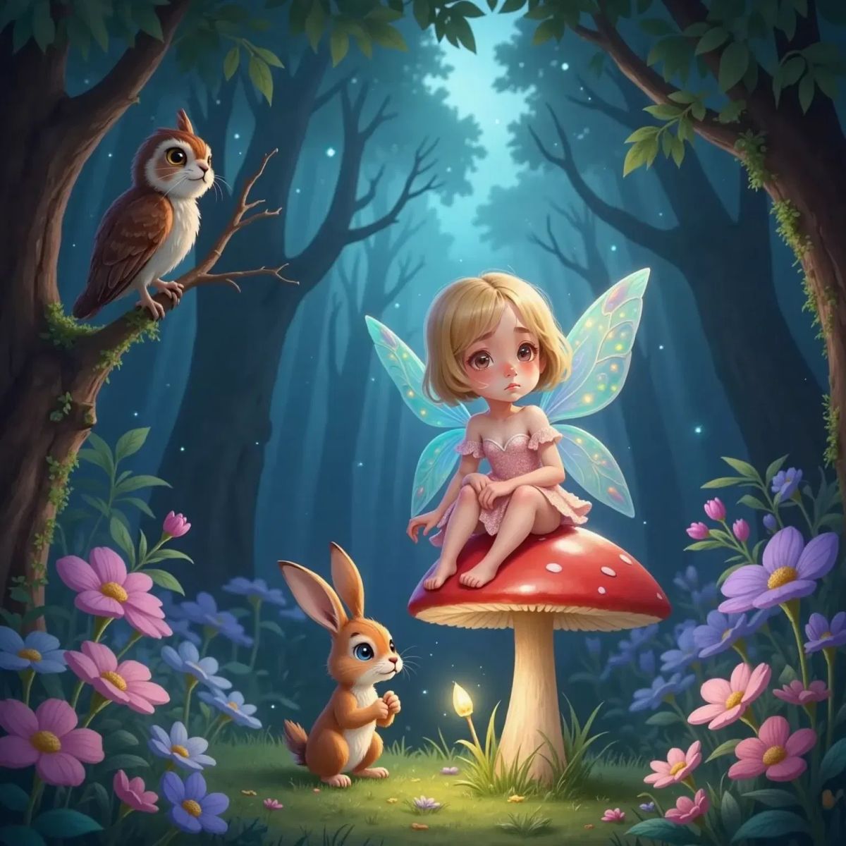 A brown owl named Pak Uli perched on a branch, with a lively rabbit Mimi and a tiny fairy Ria with a sad expression sitting on a mushroom, surrounded by glowing colorful flowers and tiny lights in the magical forest.