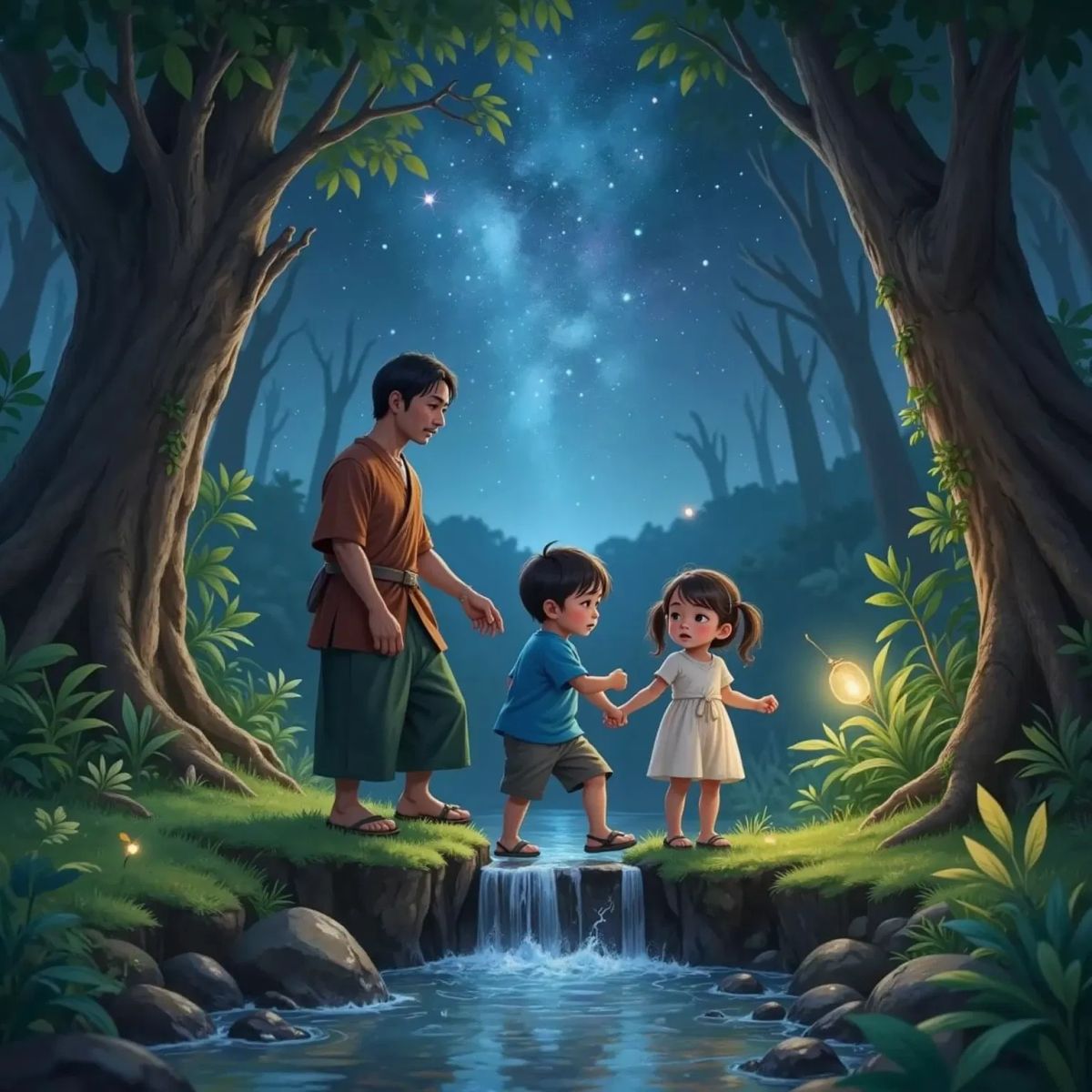 Pak Uli leading the way with wisdom, Moci and Mimi crossing a bubbling stream on stepping stones under starlight, with whispering trees in the background.