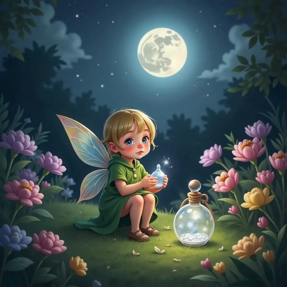Moci carefully carrying a dewdrop with the silver pool's potion, under moonlight at the hilltop, with a garden of sleeping flowers in the background.