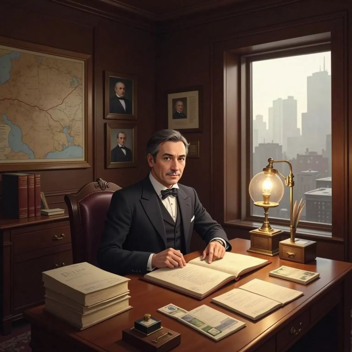 rockefeller age 31 in an old 1850s office looking over paper with a stack of money on the desk