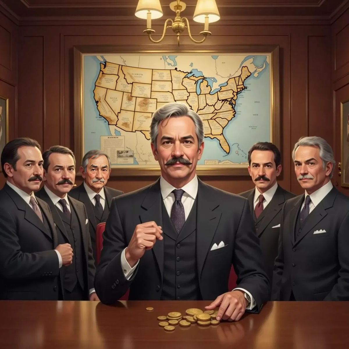 John D. Rockefeller at age 30 in a meeting room, negotiating with railroad executives, a map of railroads and oil routes on the wall in the background. He looks very crooked and has a pile of gold coins near him