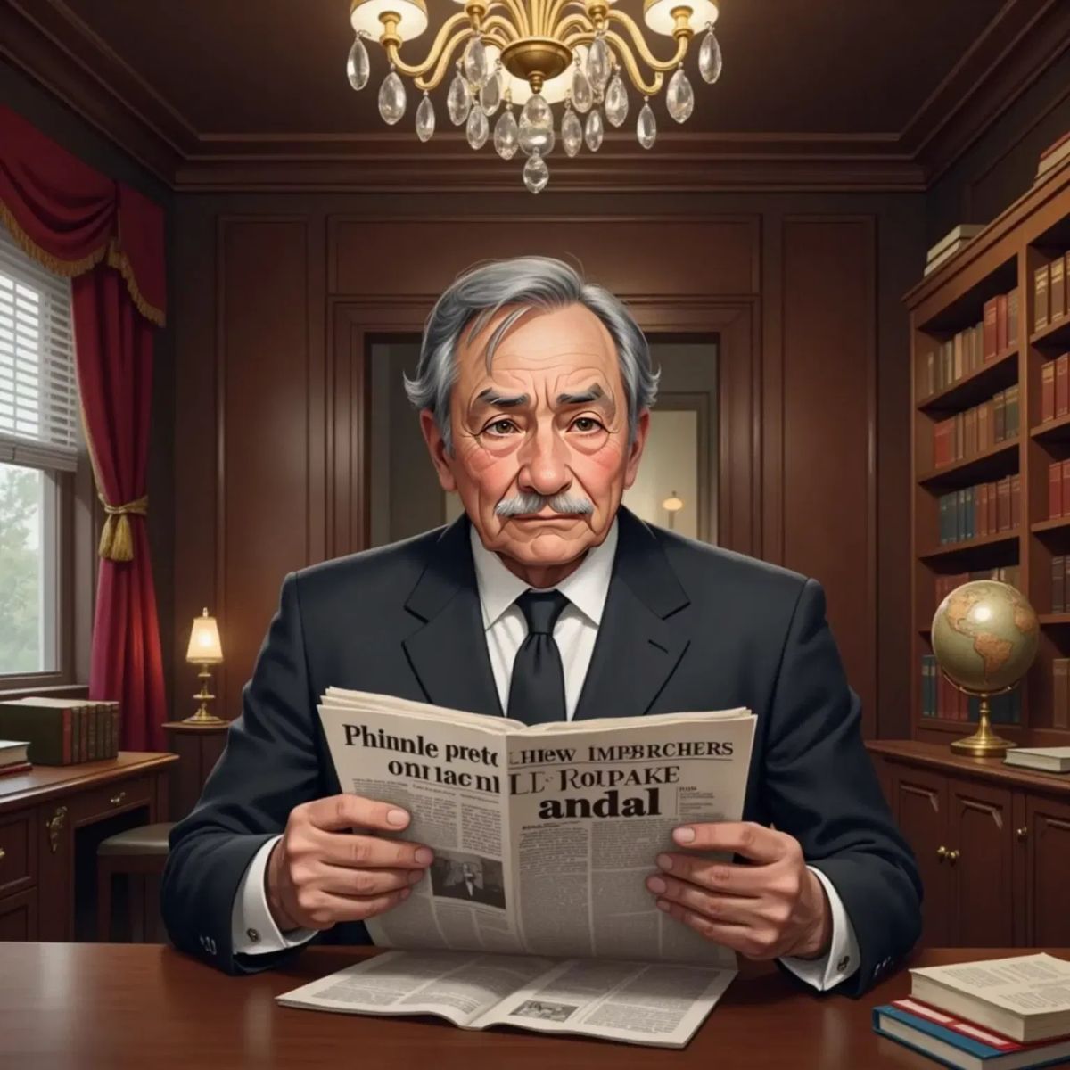 John D. Rockefeller very young at age 33 looking worried and guilty reading a newspaper headline about the South Improvement Company scheme, a concerned expression on his face, a lavish very expensive office setting in the background.