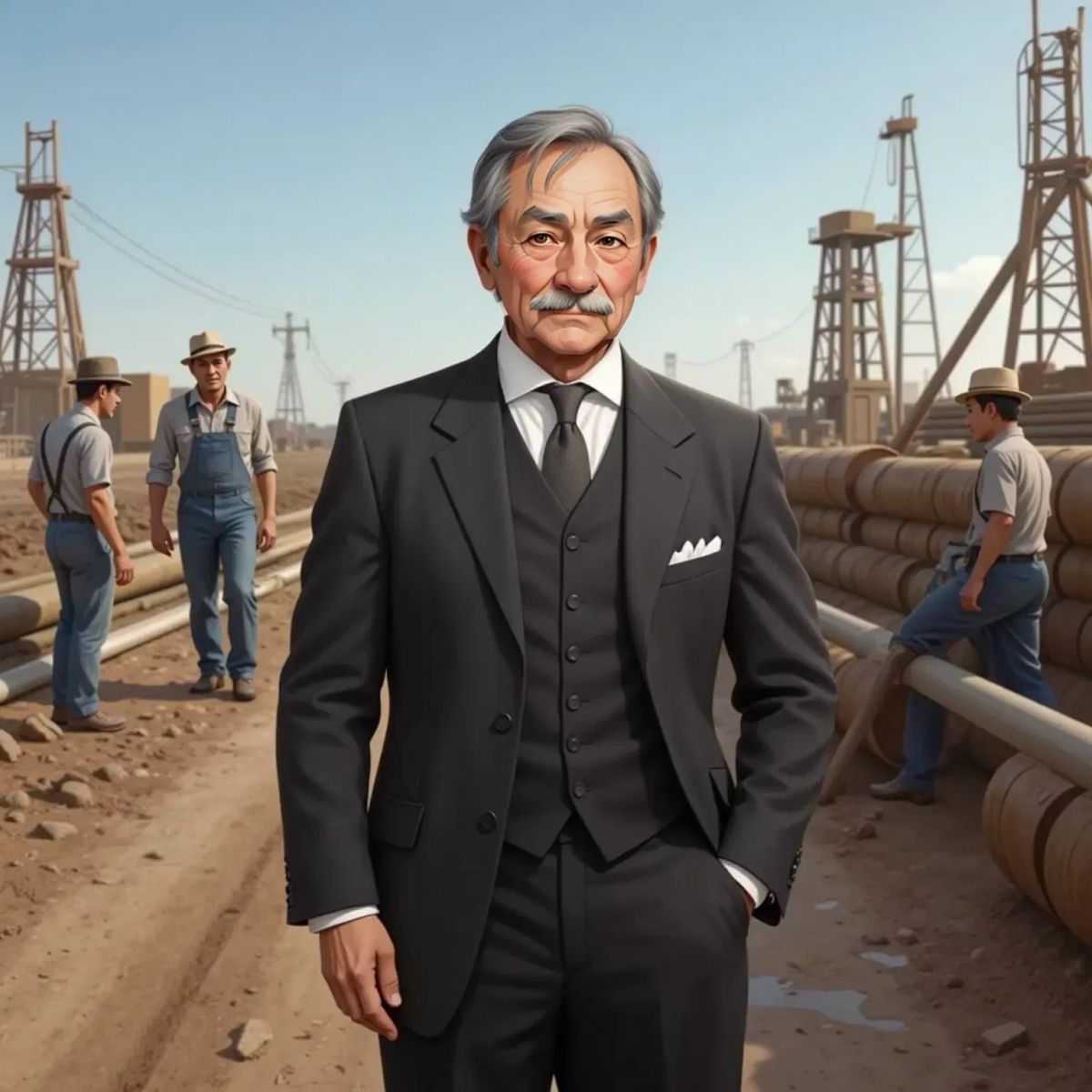 John D. Rockefeller very young at age 30 in an oil field, overseeing workers constructing pipelines, with oil derricks and barrels in the background.
