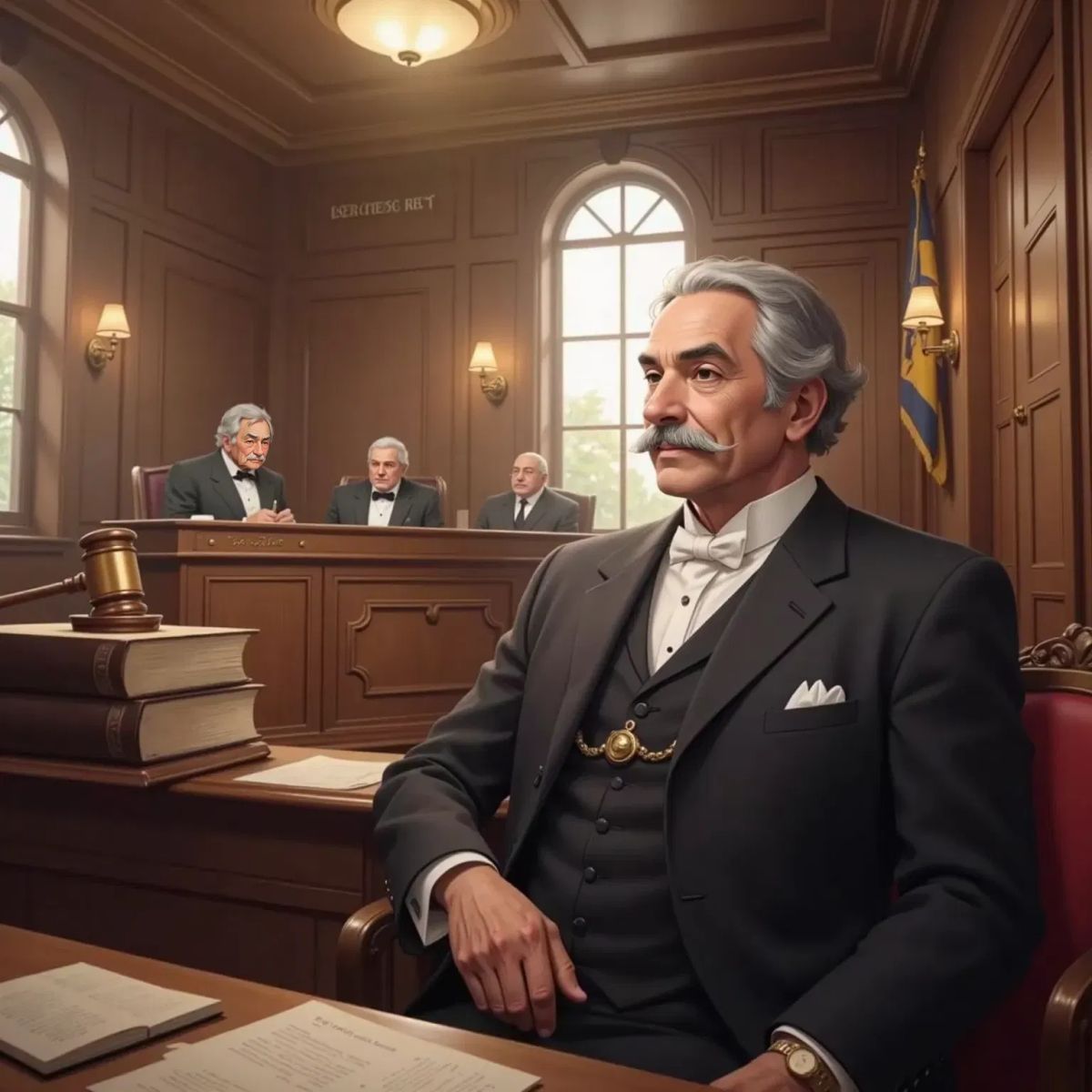 A courtroom scene with judges announcing the breakup of Standard Oil, John D. Rockefeller sitting in the audience with a composed expression, a large gavel and law books in the background.