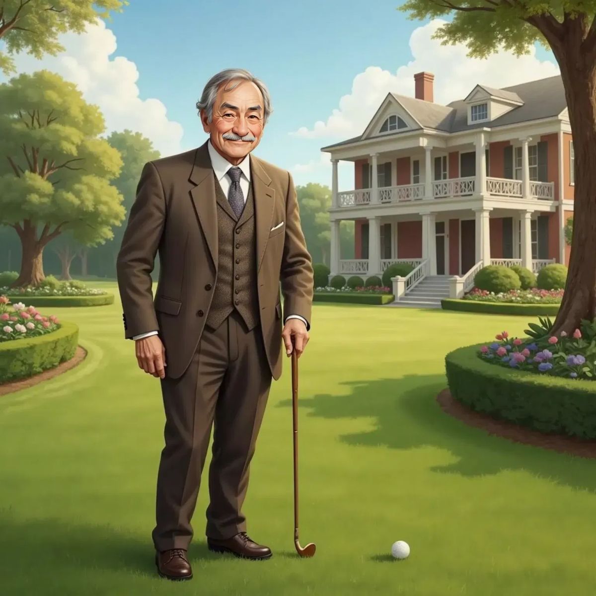 An older John D. Rockefeller in a garden, enjoying retirement with a golf club in hand, a peaceful estate landscape in the background.