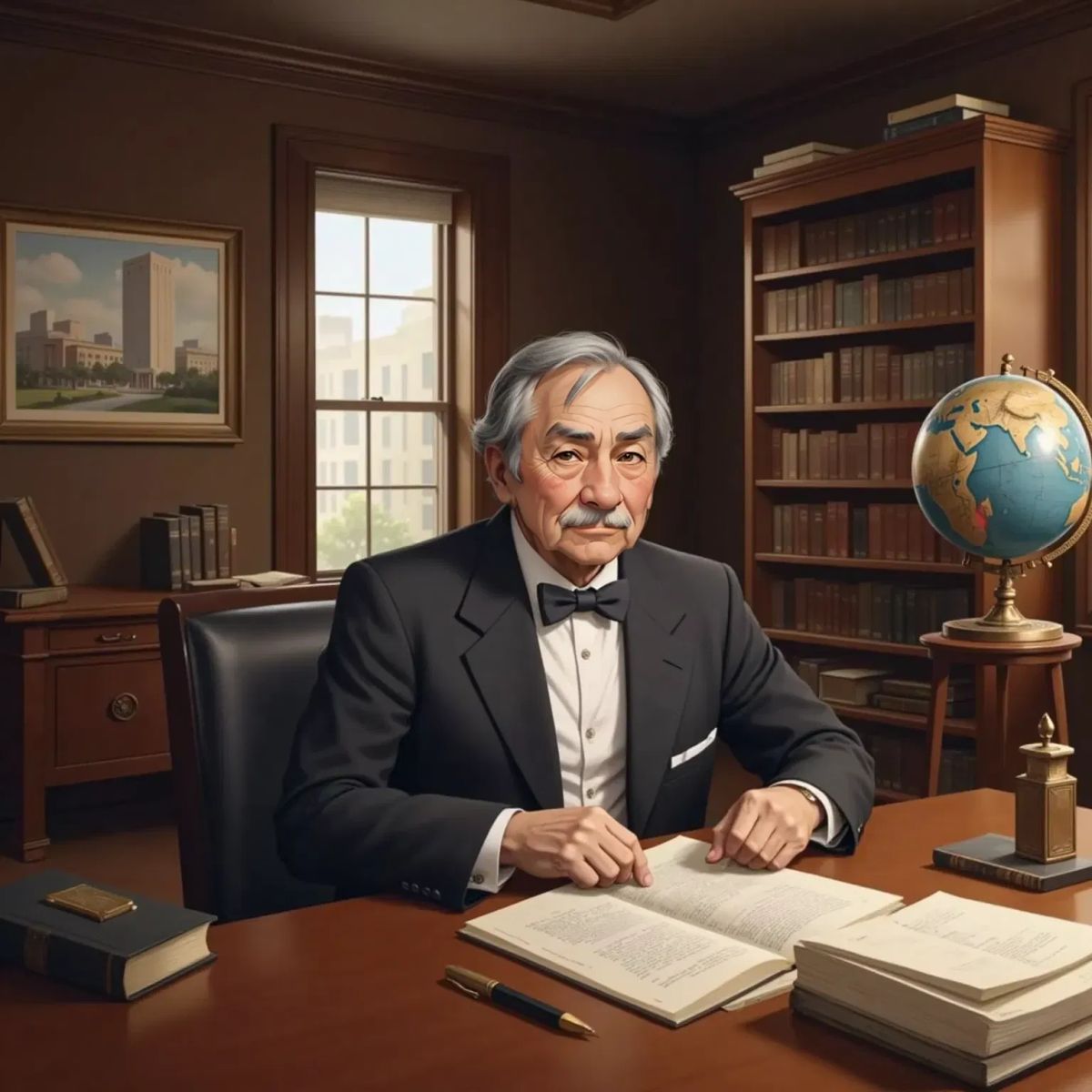 John D. Rockefeller in a foundation office, reviewing plans for a new university, a globe and books on philanthropy in the background.