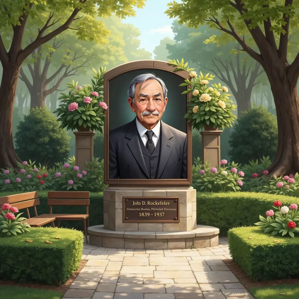 A memorial scene with a portrait of John D. Rockefeller, surrounded by flowers and a plaque detailing his legacy, a serene garden setting in the background.
