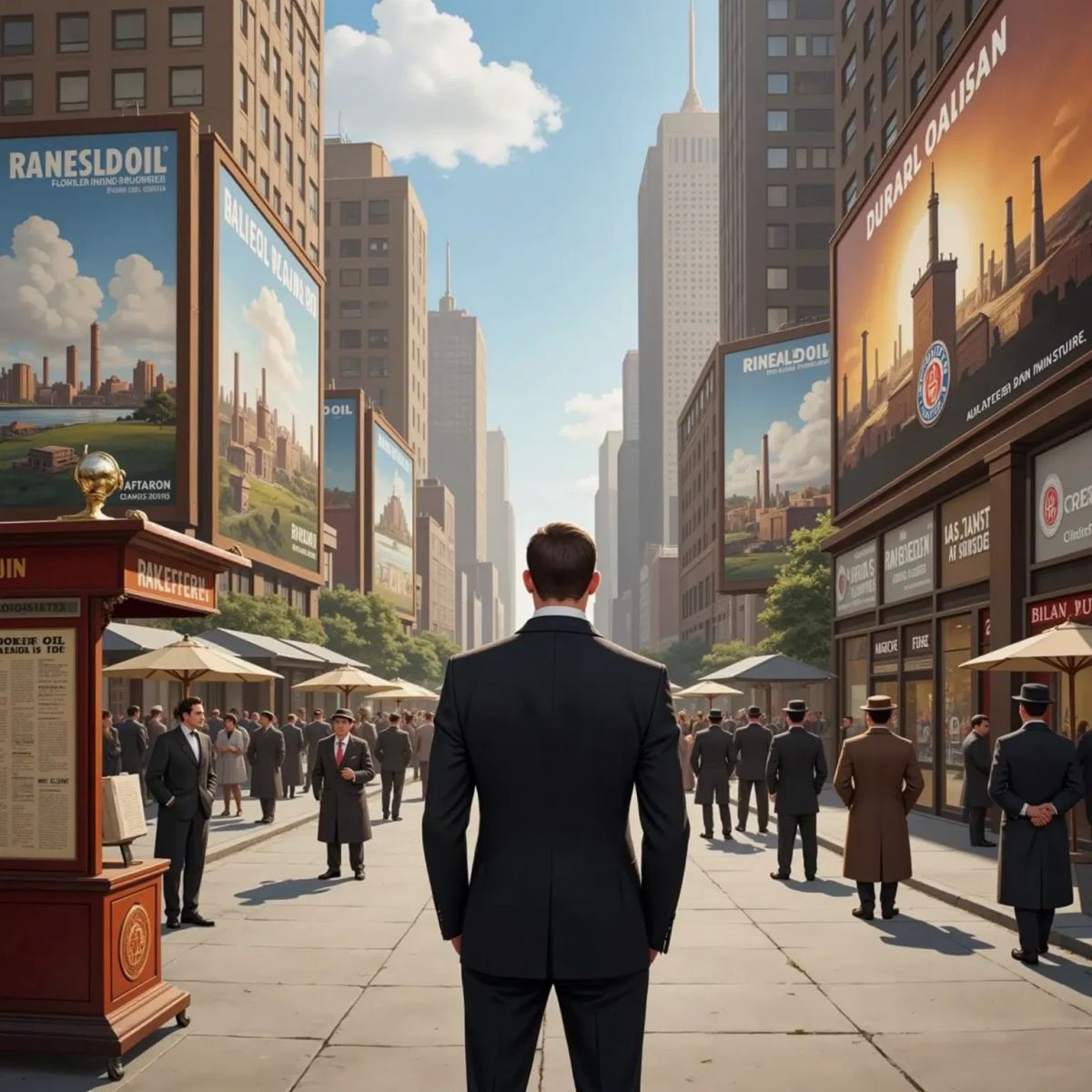 John D Rockefeller standing in Rockefeller square with picture of oil refineries on billboards around him