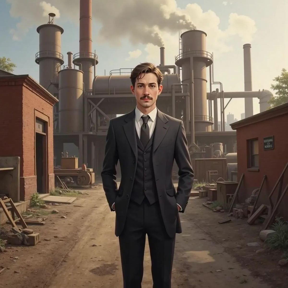 Rockefeller at 25 standing in front of his first oil refinery looking very proud