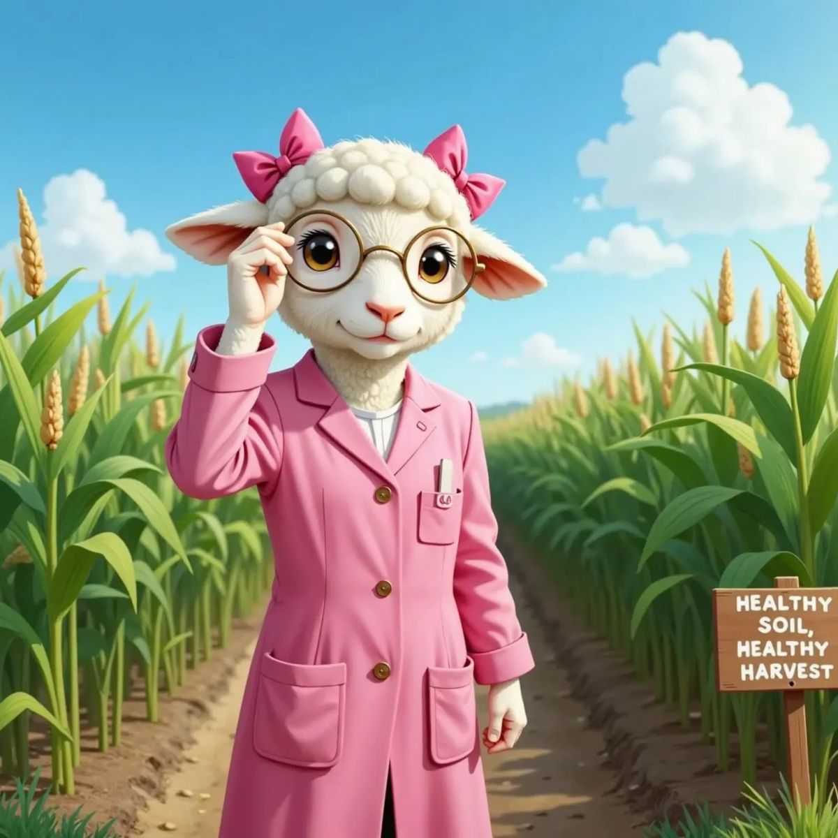Sandy the Soil Scientist adjusting her circular glasses, looking over farmlands with corn crops in the background