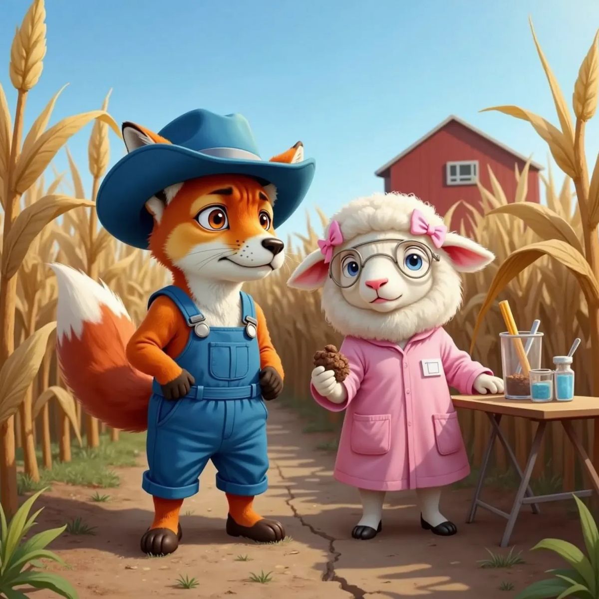 Farmer Fox in blue overalls, looking worried in a cornfield, Sandy the Soil Scientist standing nearby